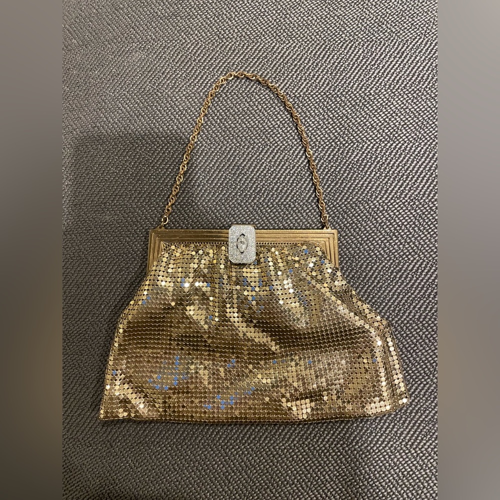 Whiting and Davis gold mesh purse with art deco rhinestone clasp